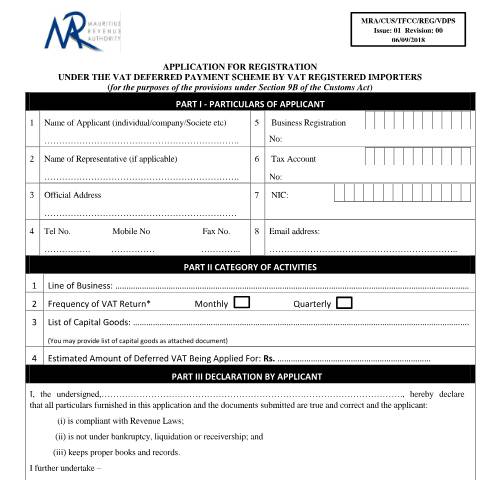 Document preview: Application for Registration under VAT Deferred Payment Scheme - VDPS — Form, Mauritius (CERFA n°DPScheme)