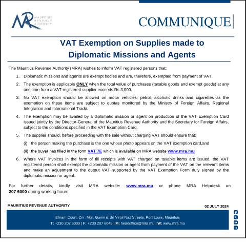 Document preview: VAT Exemption on Supplies made to Diplomatic Missions and Agents (02.07.24) — Notice / Circular, Mauritius (CERFA n°CommuniqueVAT7E020724)