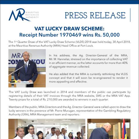 Document preview: VAT Lucky Draw Scheme: Receipt Number 1970469 wins Rs 50,000 (30.04.18) — Document, Mauritius (CERFA n°PressReleaseVLDSQ1)