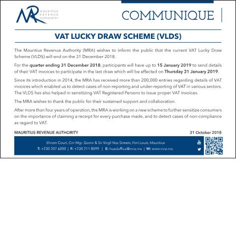 Document preview: VAT Lucky Draw Scheme (VLDS) - 31.10.18 — Document, Mauritius (CERFA n°VLDS311018)