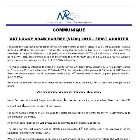 Document preview: VAT Lucky Draw Scheme - First Quarter (09.02.15) — Document, Mauritius (CERFA n°VLDSQ12015)