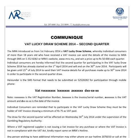 Document preview: VAT Lucky Draw Scheme - Second Quarter (23.05.14) — Document, Mauritius (CERFA n°VLDS2014_SecondQuarter)