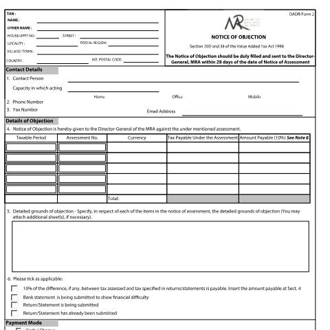 Document preview: Value Added Tax - OADR /&nbsp;Form 2 — Form, Mauritius (CERFA n°OADRVAT2-300615)