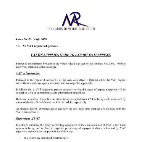 Document preview: VAT on supplies made to Export Enterprises — Document, Mauritius (CERFA n°vatcir4)