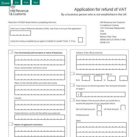 Document preview: Forms for claiming a VAT refund if your business is registered in a country outside the UK — HM Revenue & Customs, United Kingdom