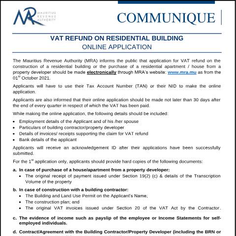 Document preview: VAT Refund on Residential Building: Online Application (28.09.21) — Form, Mauritius (CERFA n°Communique280921)