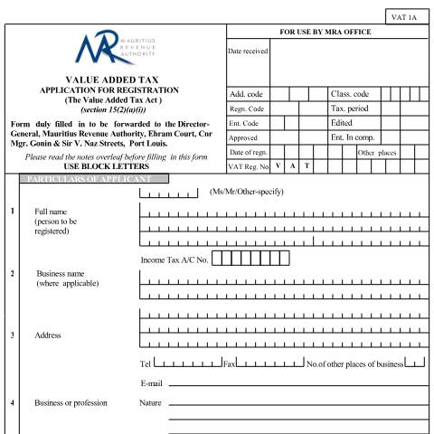Document preview: VAT Registration Form for Professionals / Notes - VAT1A — Form, Mauritius (CERFA n°VAT1A)