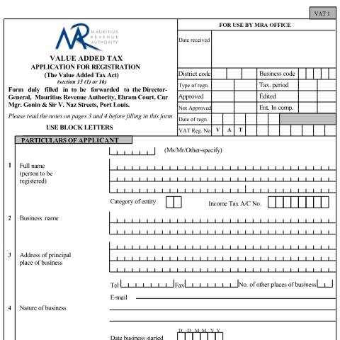 Document preview: VAT Registration Form / Notes - VAT 1 — Form, Mauritius (CERFA n°VAT01)