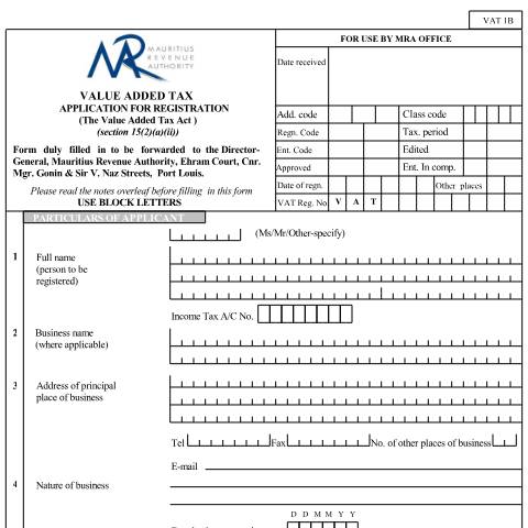 Document preview: VAT Registration Form / Notes - VAT1B — Form, Mauritius (CERFA n°VAT1B)