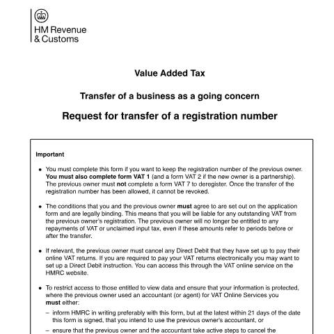 Document preview: Request transfer of a VAT registration number — HM Revenue & Customs, United Kingdom