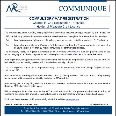 Document preview: Compulsory VAT Registration: Change in VAT Registration Threshold Holder of Pleasure Craft Licence (12.09.25) — Document, Mauritius (CERFA n°VATReg120925)