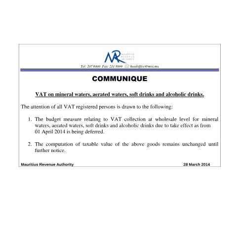 Document preview: VAT on mineral waters, aerated waters, soft drinks and alcoholic drinks(28.03.14) — Notice / Circular, Mauritius (CERFA n°VATcommunique280314)