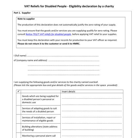 Document preview: Declaration of eligibility for VAT relief (charities) — HM Revenue & Customs, United Kingdom