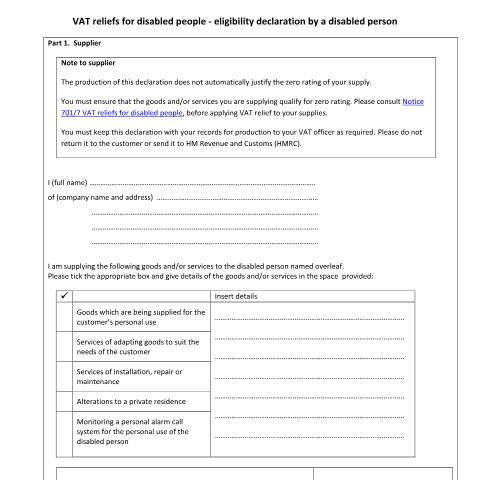 Document preview: Declaration of eligibility for VAT relief (disabled person) — HM Revenue & Customs, United Kingdom