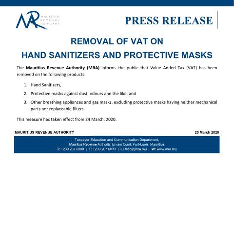 Document preview: Removal of VAT on hand sanitizers and protective masks (25.03.20) — Document, Mauritius (CERFA n°PressRelease250320)