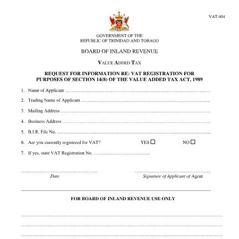 Document preview: [VAT 604] VAT Request for Information — Form, Trinidad & Tobago (CERFA n°VAT604)
