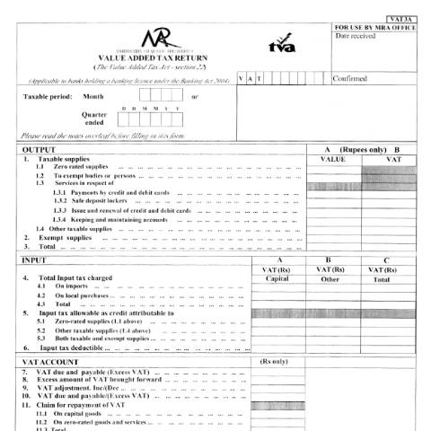 Document preview: VAT Return Form / Notes - VAT 3A — Form, Mauritius (CERFA n°vat_3A)