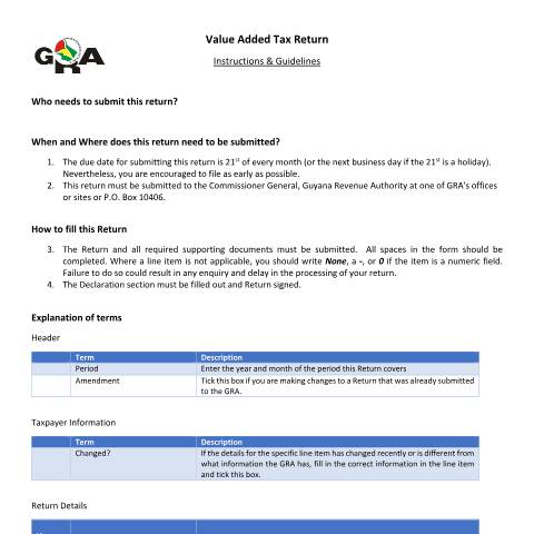 Document preview: VAT Return Guide — VAT, Guyana