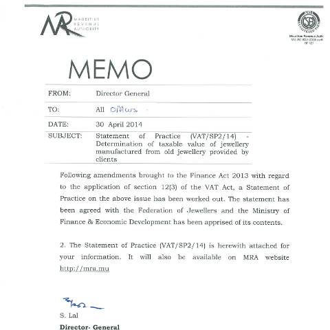 Document preview: VAT/SP 2/14 — Document, Mauritius (CERFA n°SOP_JewellerySector)