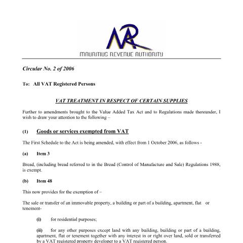 Document preview: VAT treatment in respect of certain supplies — Document, Mauritius (CERFA n°vatcir2)