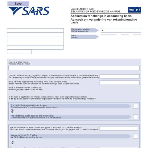 Document preview: VAT117 – Application for Change in Accounting Basis – External Form — PDF Forms, South Africa (CERFA n°VAT117)