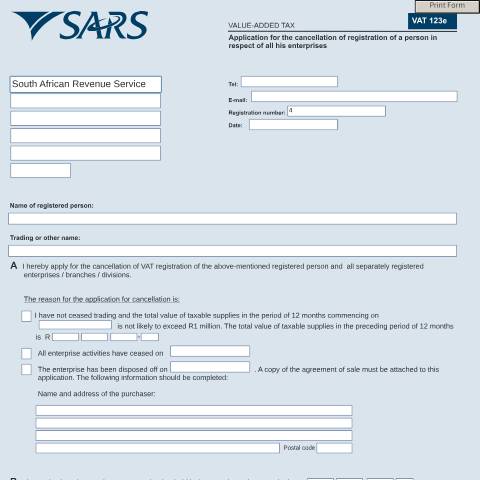 Document preview: VAT123e – Application for Cancellation Registration iro Enterprises – External Form — PDF Forms, South Africa (CERFA n°VAT123e)