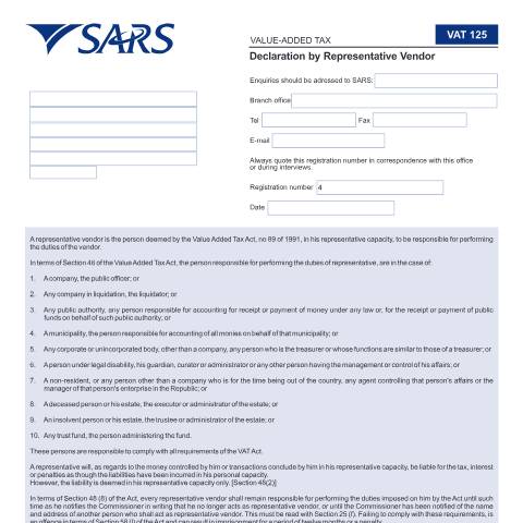 Document preview: VAT125 – Declaration by Representative Vendor – External Form — PDF Forms, South Africa (CERFA n°VAT125)