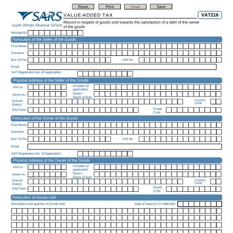 Document preview: VAT216 – Return iro Goods Sold for Settlement of Debt of Holder of the Goods – External Form — PDF Forms, South Africa (CERFA n°VAT216)