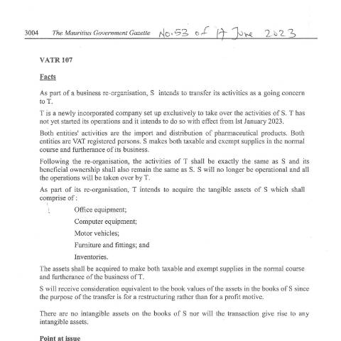 Document preview: VATR 107 — Document, Mauritius (CERFA n°VATR107)