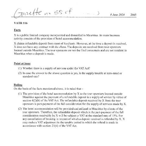 Document preview: VATR 116 — Document, Mauritius (CERFA n°VATR116)