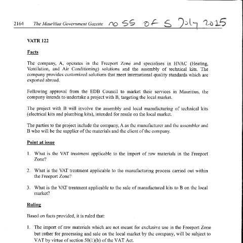 Document preview: VATR 122 — Document, Mauritius (CERFA n°VATR122)