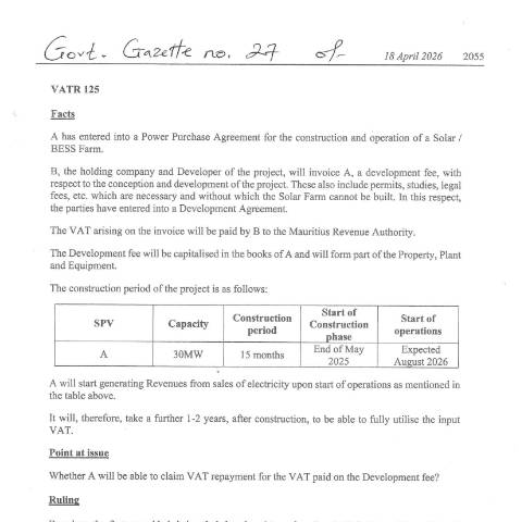 Document preview: VATR 125 — Document, Mauritius (CERFA n°VATR125)