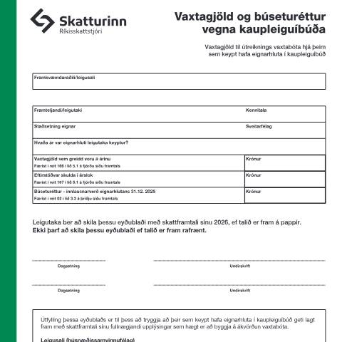 Document preview: Vaxtagjöld og búseturéttur vegna kaupleiguíbúða. — Einstaklingar, Ísland (CERFA n°RSK 3.08)