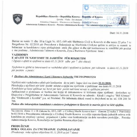 Document preview: Vazhdim i afatit të njoftimit të jashtëm për rekrutim — Employment, Kosovë
