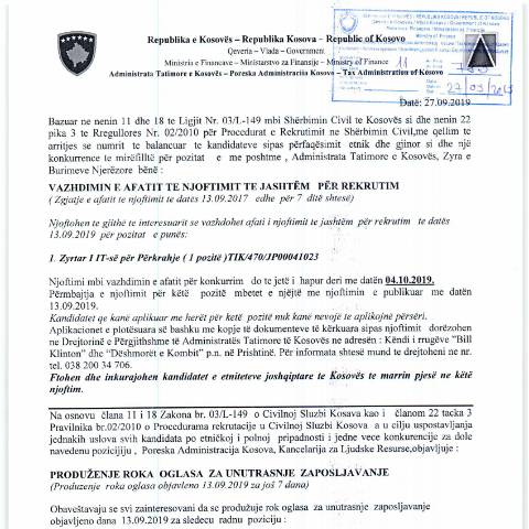 Document preview: Vazhdimi i afatit të njoftimit të jashtëm për rekrutim — Employment, Kosovë