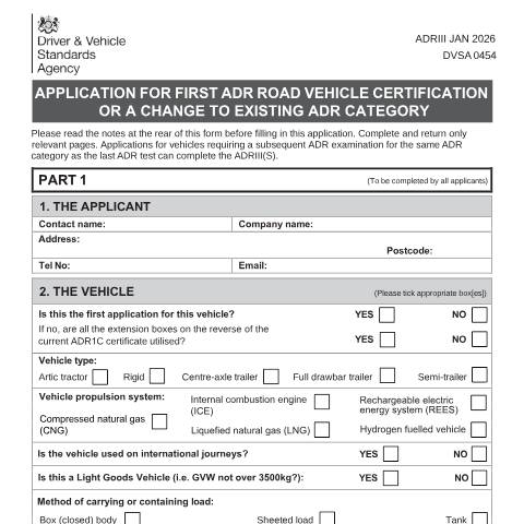 Document preview: Apply to get a vehicle approved to transport dangerous goods (ADR) — Driver and Vehicle Standards Agency, United Kingdom
