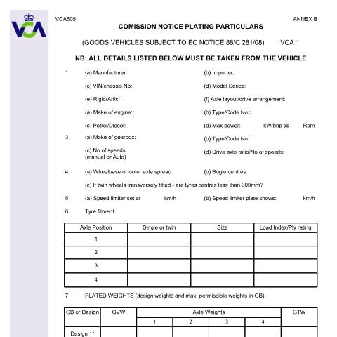 Document preview: Commission notice plating particulars — Vehicle Certification Agency, United Kingdom