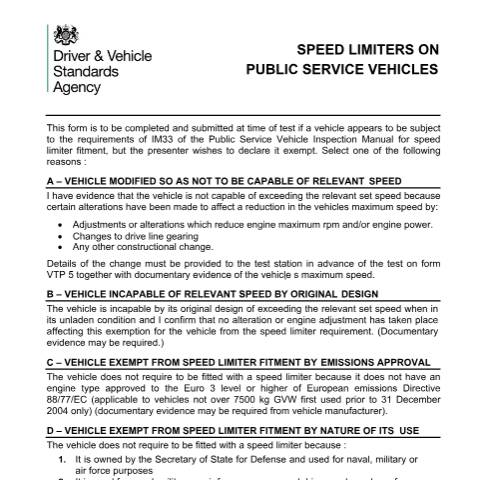 Document preview: Declare a public service vehicle (PSV) does not need a speed limiter — Driver and Vehicle Standards Agency, United Kingdom