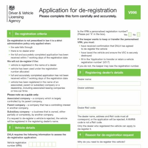 Document preview: Application to deregister a vehicle (form V996) — Driver and Vehicle Licensing Agency, United Kingdom