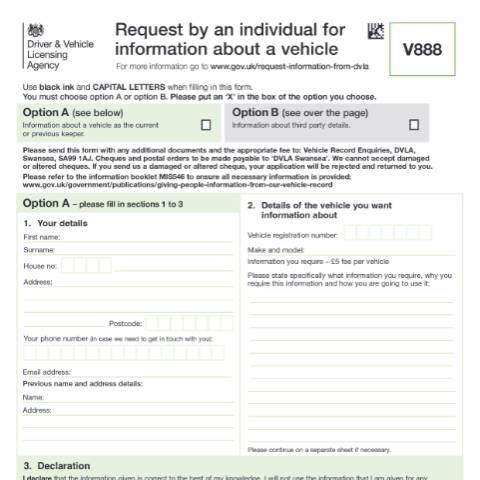 Document preview: Request by an individual for information about a vehicle (form V888) — Driver and Vehicle Licensing Agency, United Kingdom