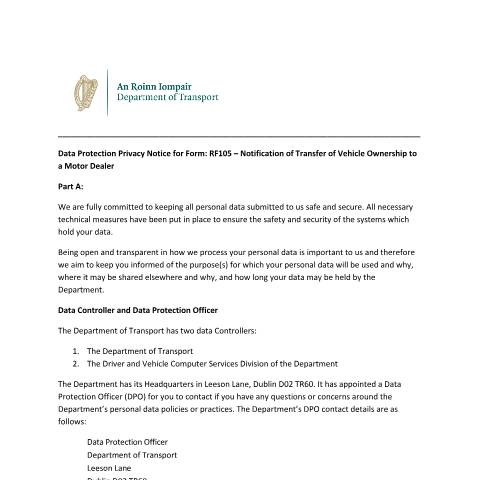 Document preview: Data Protection — privacy notice for form rf105 of vehicle ownership to a motor dealer — Department of Transport, Ireland (CERFA n°RF105)