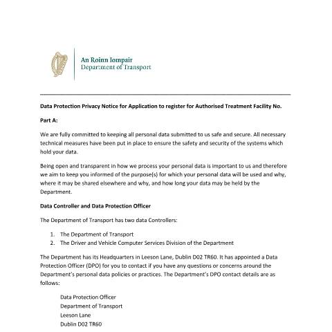 Document preview: Data Protection — ca428e54 data protection privacy notice for application to register for authorised tre — Department of Transport, Ireland