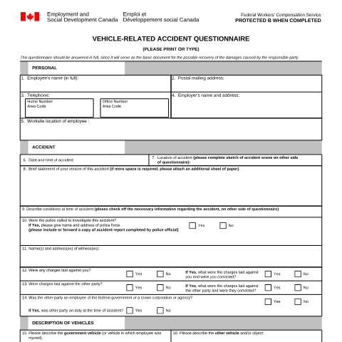 Document preview: Vehicle - Related Accident Questionnaire — Labour, Canada (CERFA n°LAB1080)