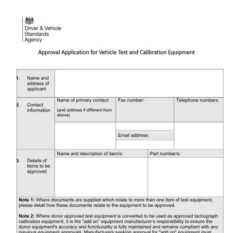Document preview: Apply to get your vehicle test and calibration equipment approved — Driver and Vehicle Standards Agency, United Kingdom