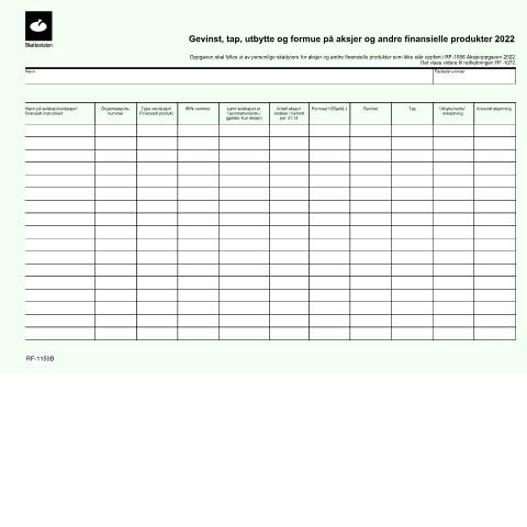 Document preview: Gain, loss, dividend and capital value of shares and other financial products (DISCONTINUED) — Skatteetaten / Forms, Norge (CERFA n°RF-1159)