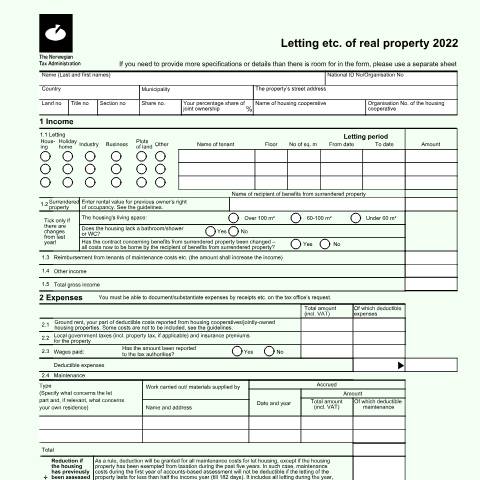 Document preview: Letting etc. of real property (DISCONTINUED) — Skatteetaten / Forms, Norge (CERFA n°RF-1189)