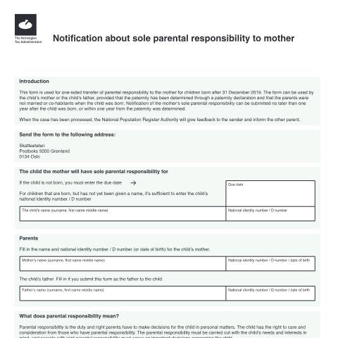 Document preview: Agreement for parental responsibility — Skatteetaten / Forms, Norge (CERFA n°Q-0199)