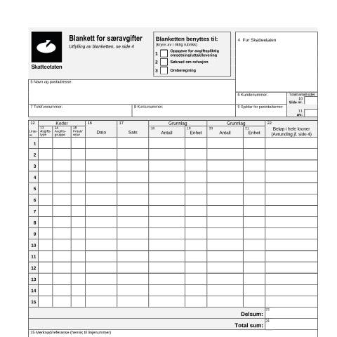 Document preview: Avgiftsmelding for særavgifter - kun for omberegning og refusjon — Skatteetaten / Forms, Norge (CERFA n°RF-1326)