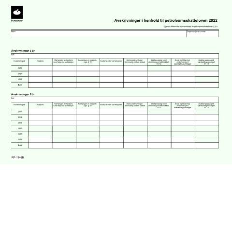 Document preview: Avskrivninger i henhold til petroleumsskatteloven — Skatteetaten / Avskrivingsskjemaet skal fylles ut og leveres som vedlegg til skattemeldingen av, Norge (CERFA n°RF-1346)