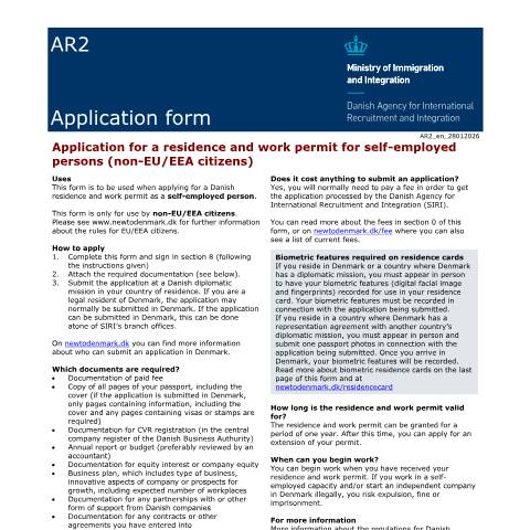 Document preview: AR2 — Application for a residence and work permit for self-employed persons (non-EU/EEA citizens) — SIRI / Application forms - SIRI, Danmark (CERFA n°AR2)